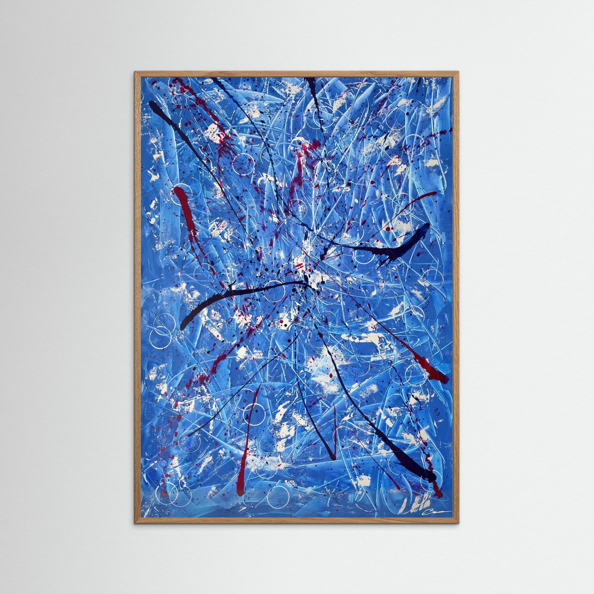 Kunstwerk &quot;Tanz der Galaxien&quot; - Poster-Druck im Holz-Rahmen