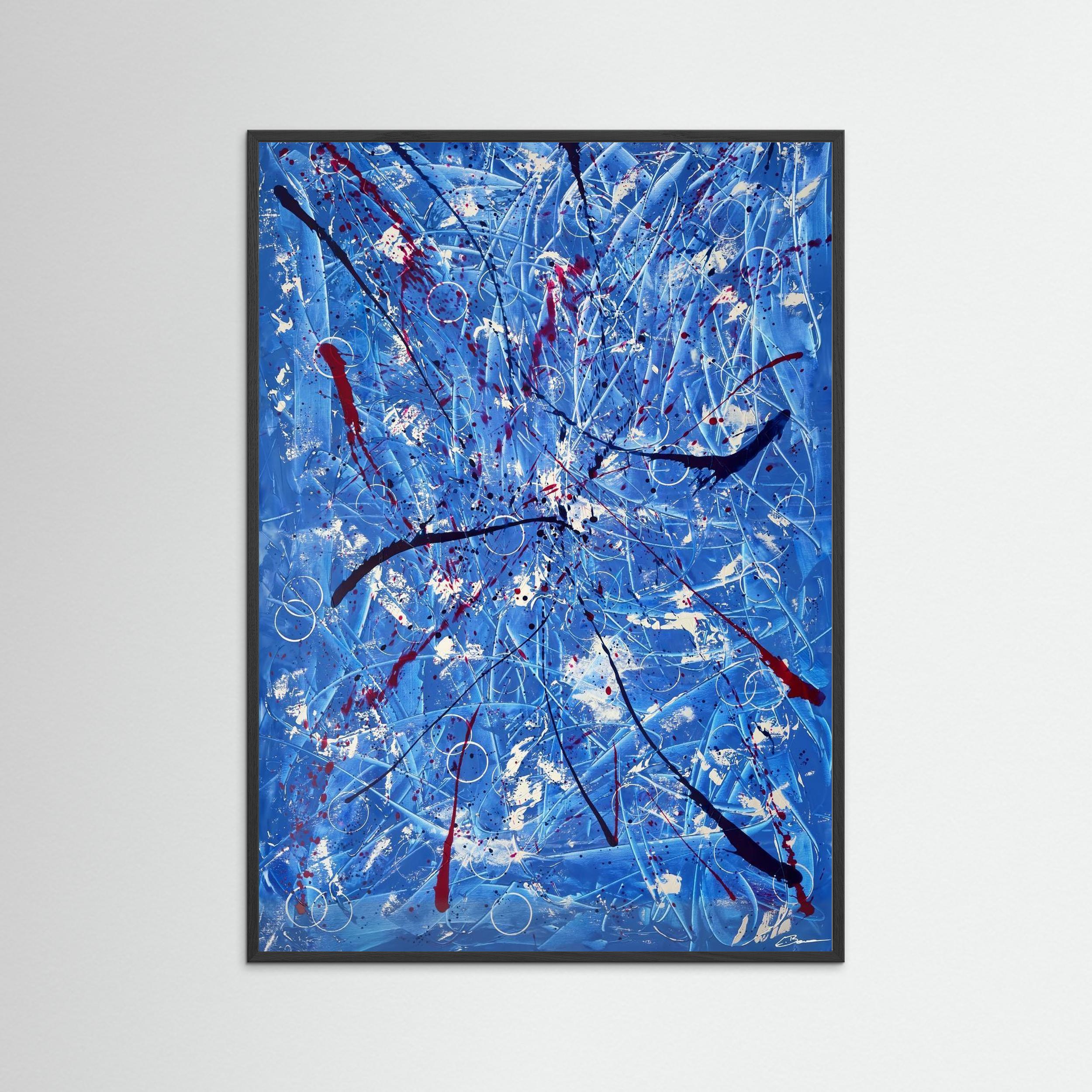 Kunstwerk &quot;Tanz der Galaxien&quot; - Poster-Druck im Holz-Rahmen